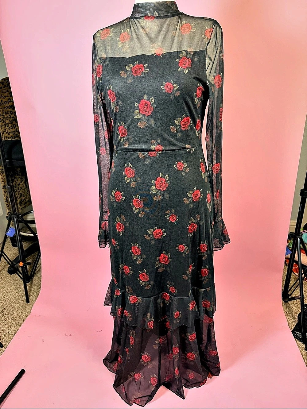 Floral Maxi Dress in Black & Red Like New